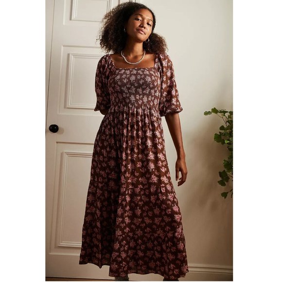 Urban Outfitters UO Lottie Chocolate Floral Tie-Back Midi Dress Print M
